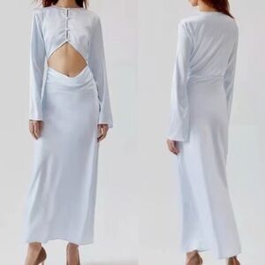 Lioness Powder Blue Amelie Dress White Satin Open-Back Midi Dress